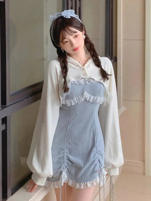 Kawaii Mini Dress & Crop Cardigan Two Piece Set