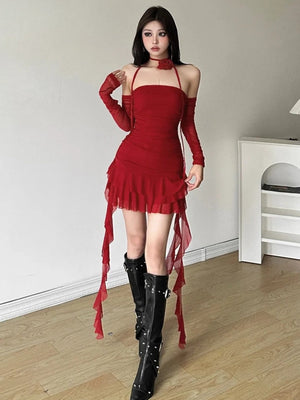 Mesh Ruffled Strapless Mini Dress