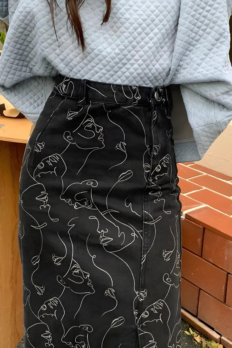 Abstract Faces Denim Midi Skirt