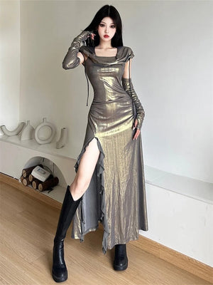 Cyberpunk Metallic Hooded Midi Dress