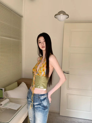 Floral Tie Front Halter Crop Top