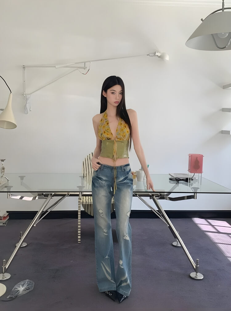 Floral Tie Front Halter Crop Top