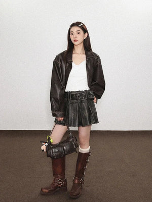 Grunge Faux Leather Pleated Mini Skirt