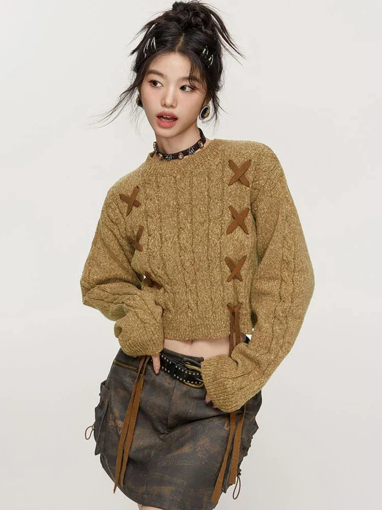 Lace-Up Detail Crop Sweater