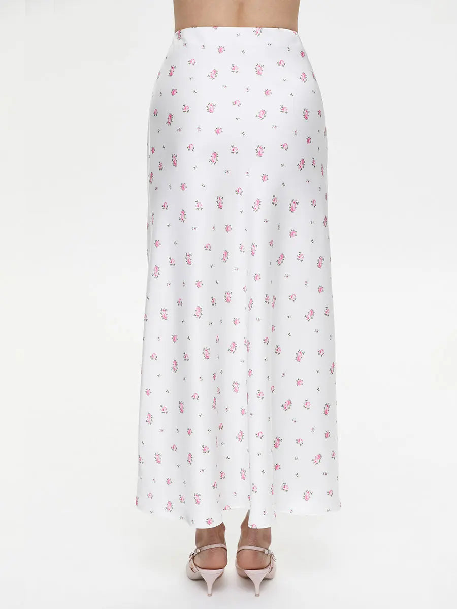 Soft Girl Floral Satin Midi Skirt