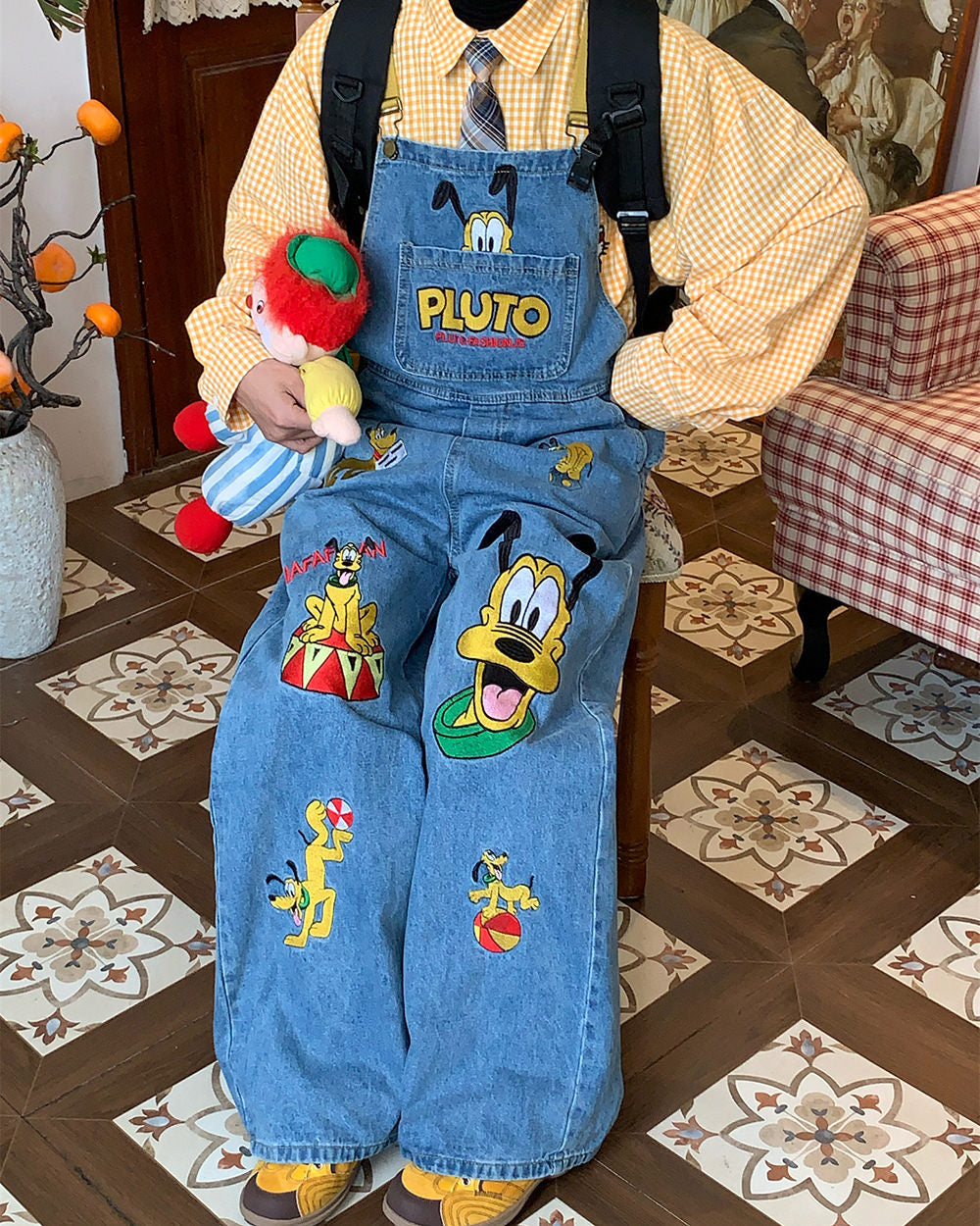 Cartoon Embroidery Denim Overalls