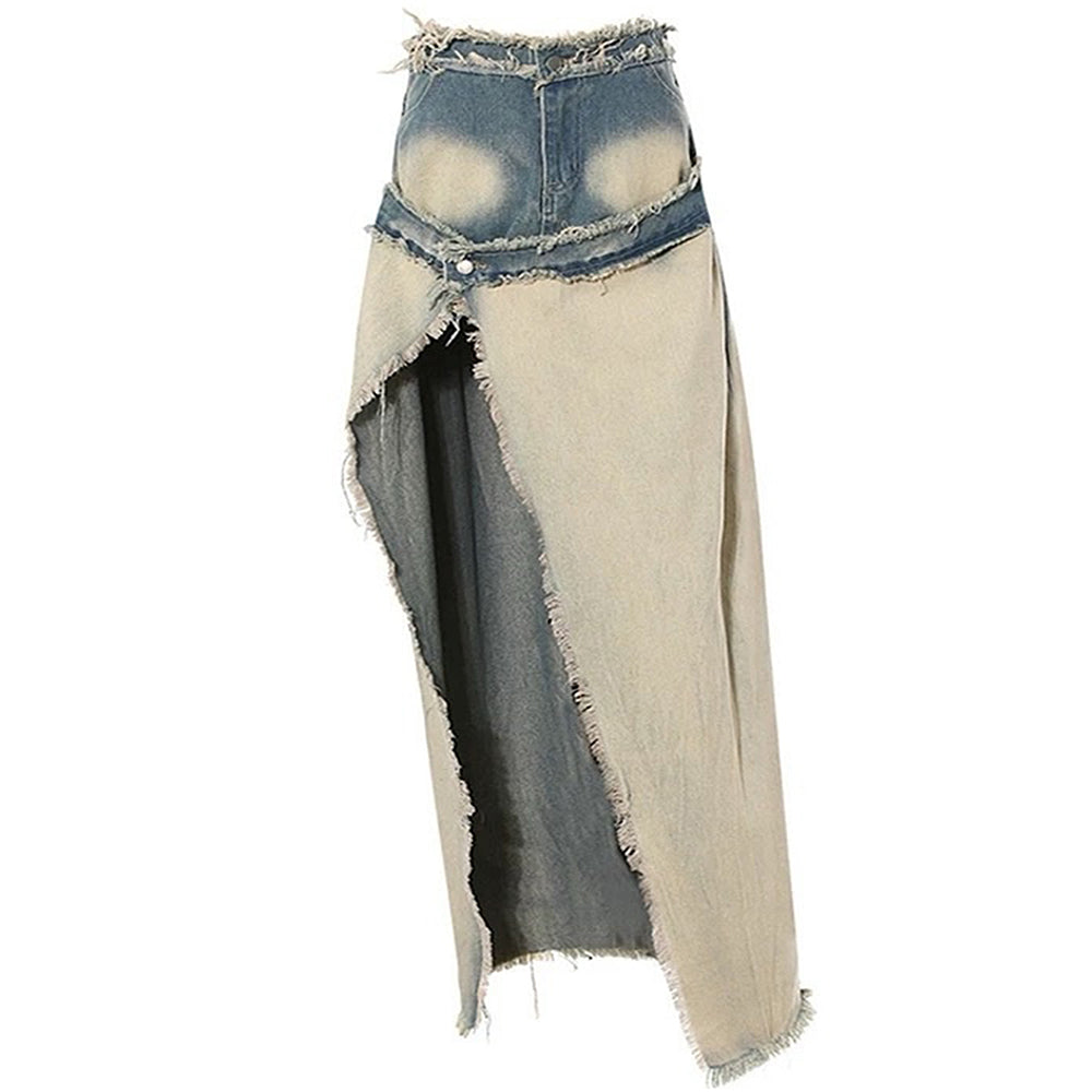 Distressed Denim Maxi Skirt