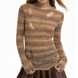 Distressed Striped Knit Sweater