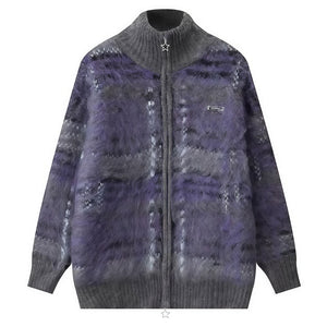 Indie Kid Fuzzy Plaid Zip Up Sweater