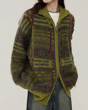 Indie Kid Fuzzy Plaid Zip Up Sweater