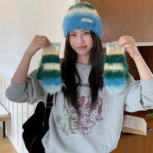Fuzzy Striped Beanie Hat & Gloves Set