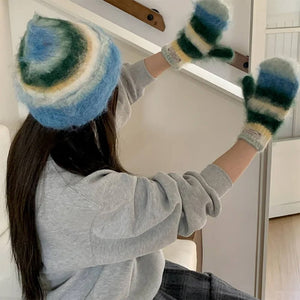 Fuzzy Striped Beanie Hat & Gloves Set