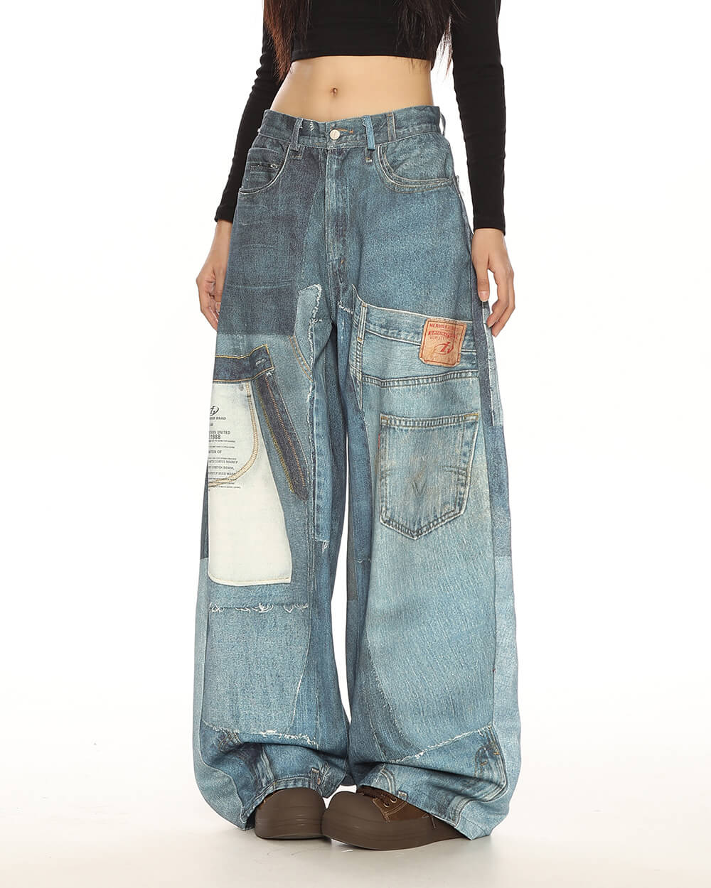 Printed Panel Look Baggy Denim Pants