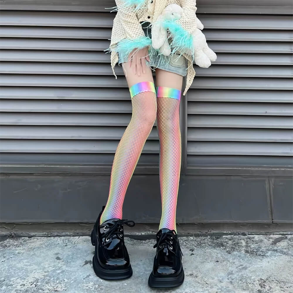 Iridescent Fishnet Knee-High Socks