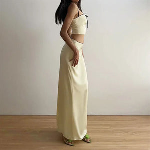 French Summer Satin Top & Maxi Skirt Set