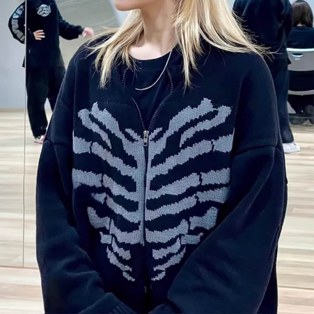 Skeleton Print Zip Up Sweater