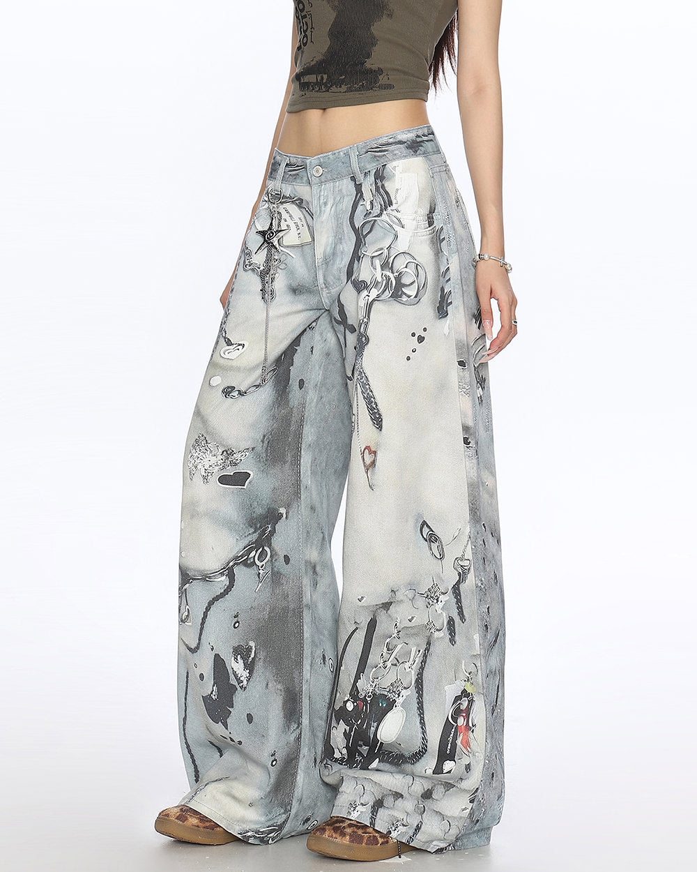 Washed Blue Chain Print Jeans