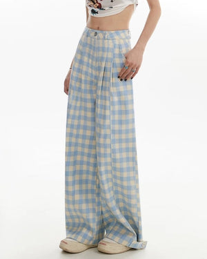 Wide-Leg Blue Gingham Trousers